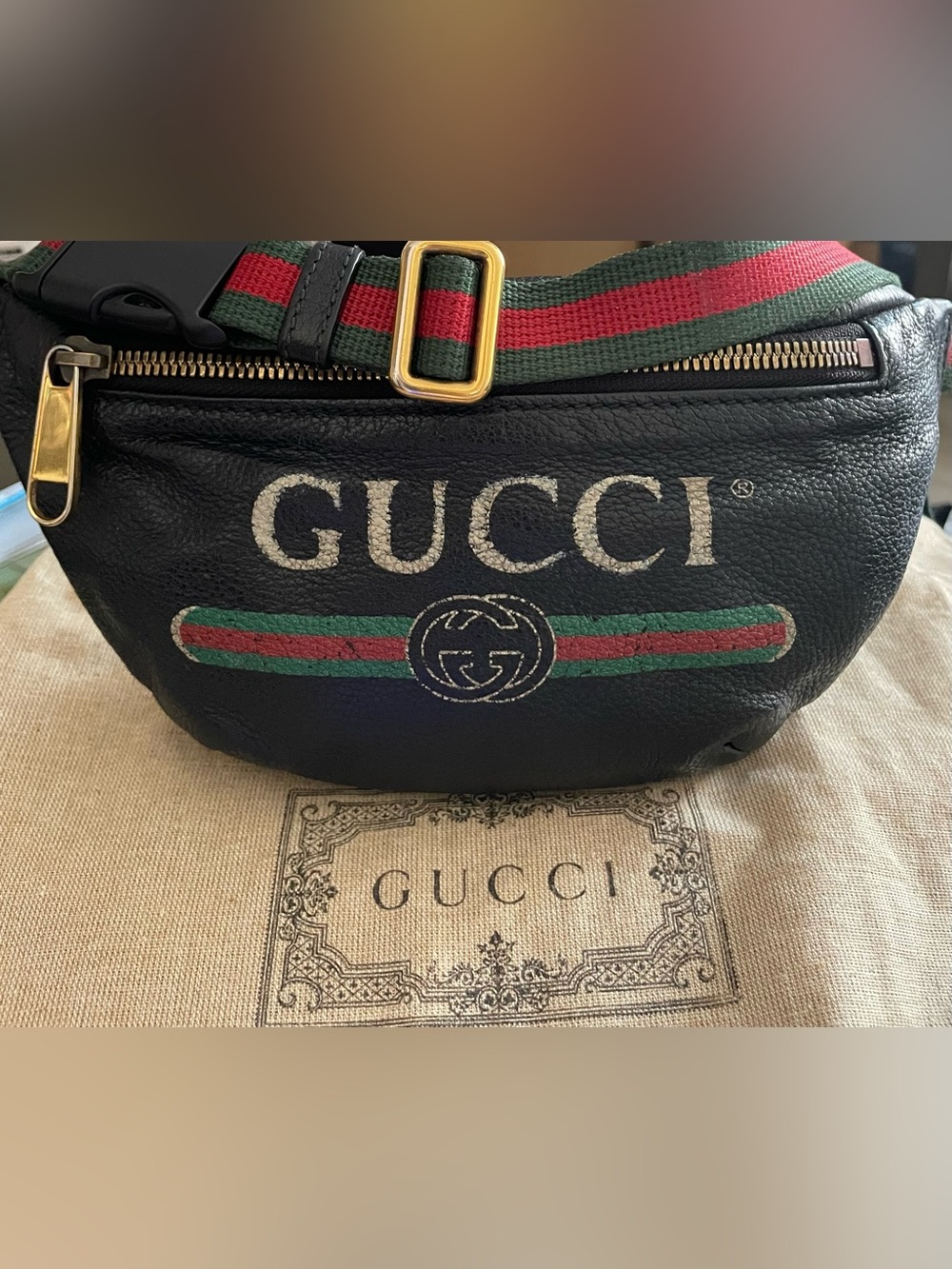 Gucci Black Leather Logo Belt Bag with Green and Red Webbing